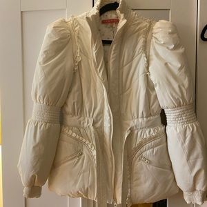 Anthropologie Manoush Lakefront Ivory Puffer Belted Coat with Eyelet Lace Detail